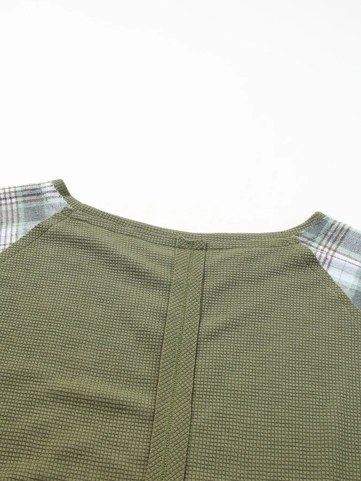 Plaid Patch Waffle Knit Exposed Seam Bubble Sleeve Top