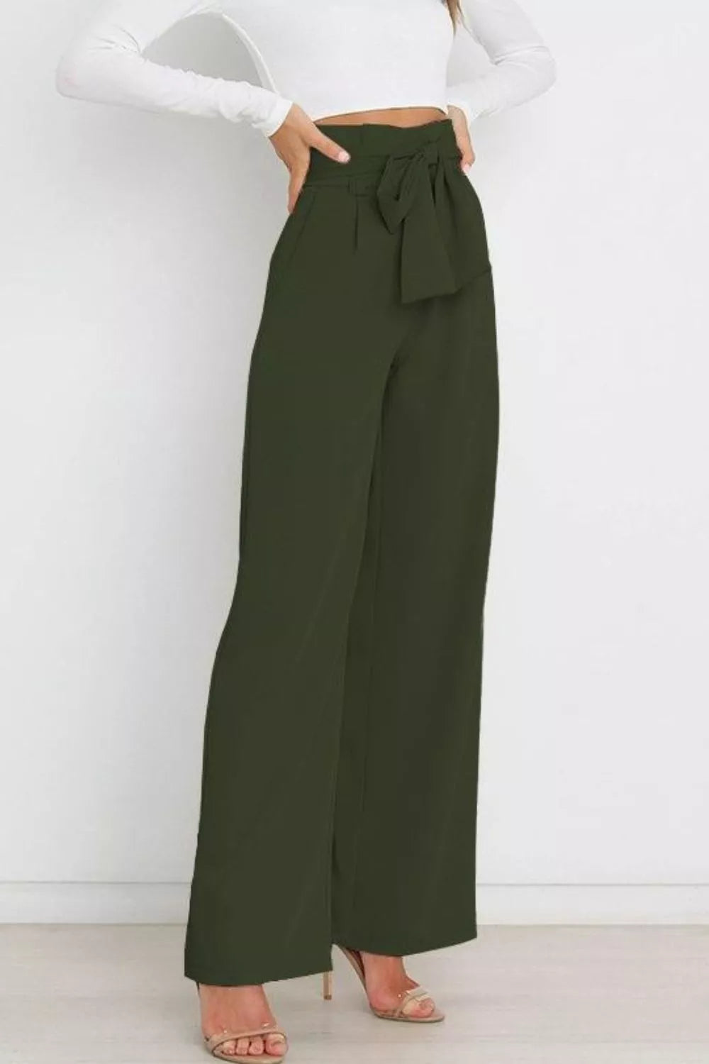 High Waist Tie Front Wide Leg Pants