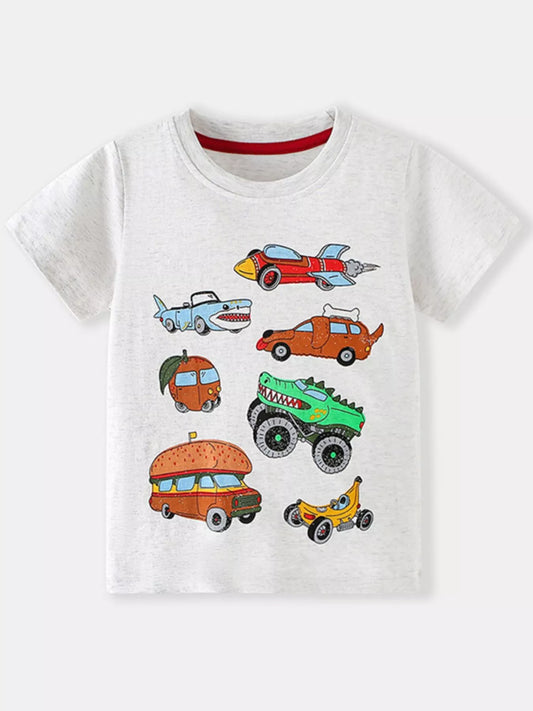 Children's Cartoon Vehicle Print Crew Neck T-Shirt