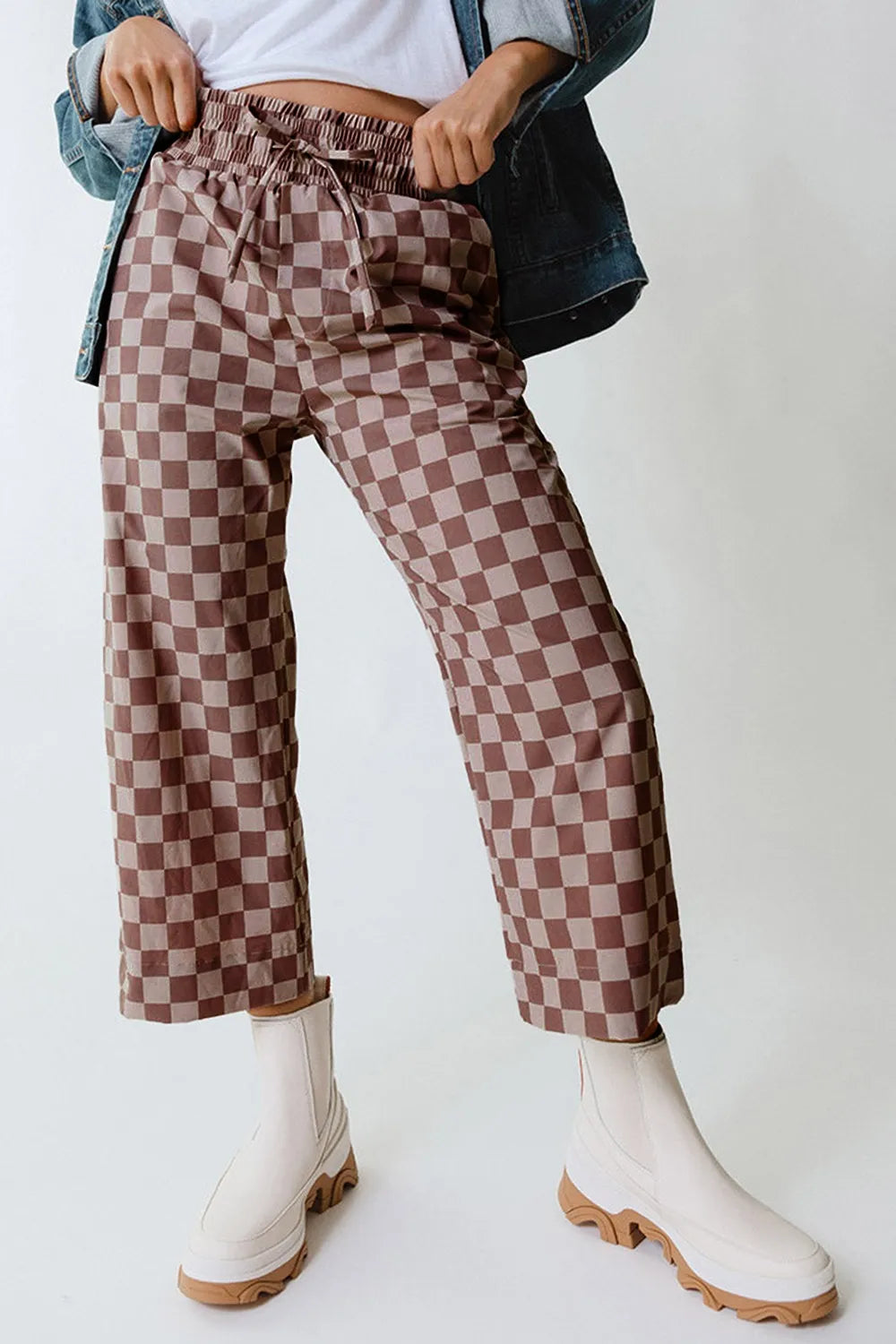 Checkered Elastic High Waist Loose Casual Pants
