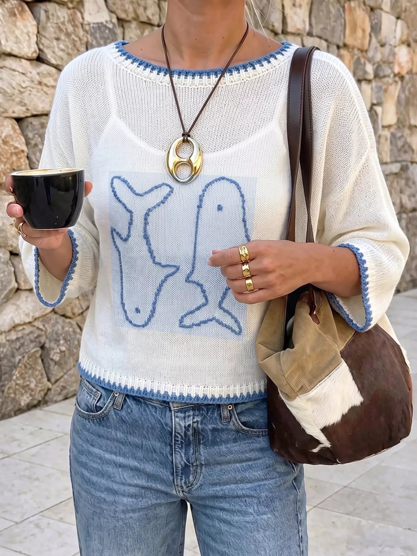 Fish Contrast Trim Knit Top