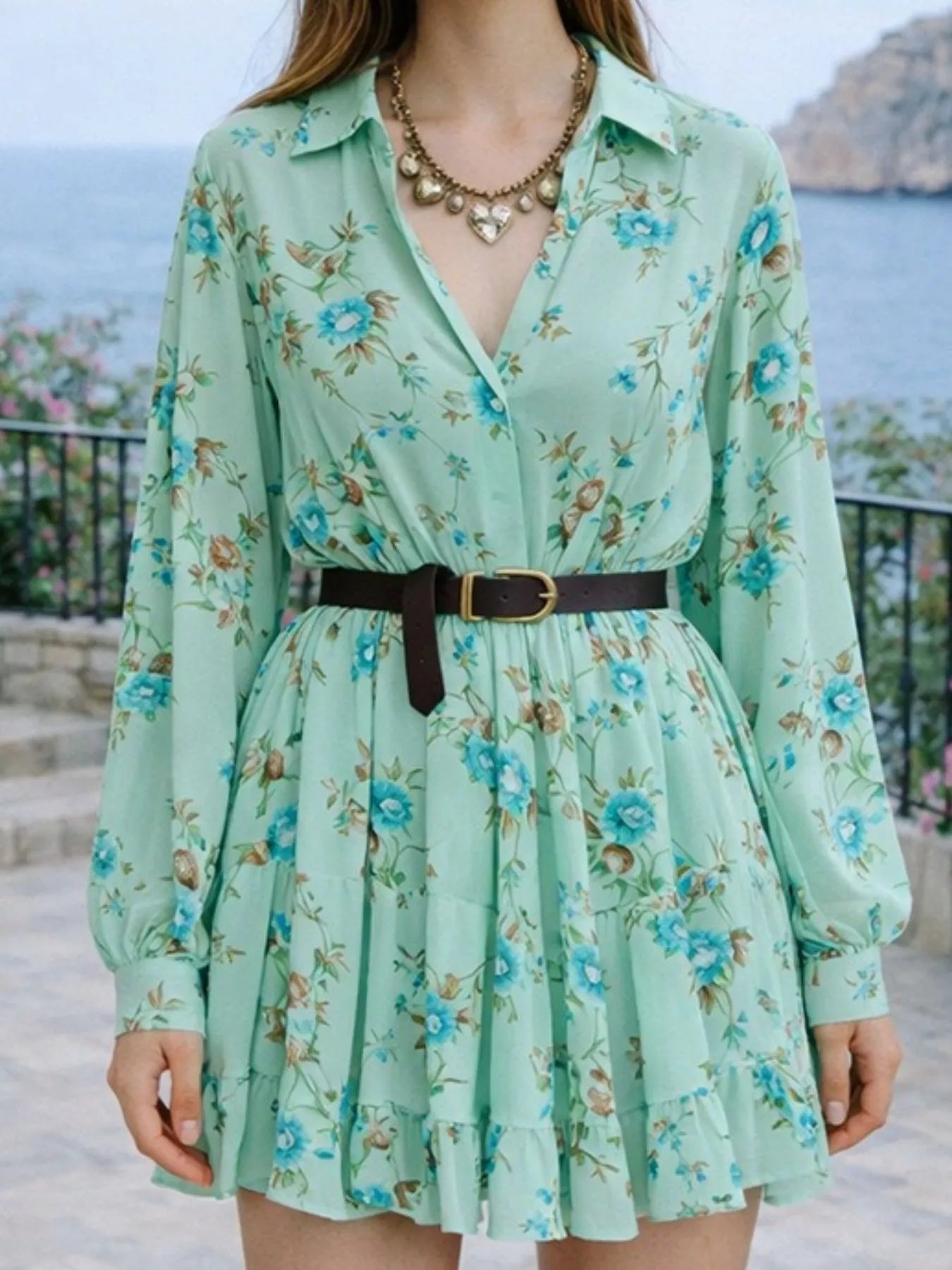 Full Size Floral Print Long Sleeve Shirt Dress Plus Size
