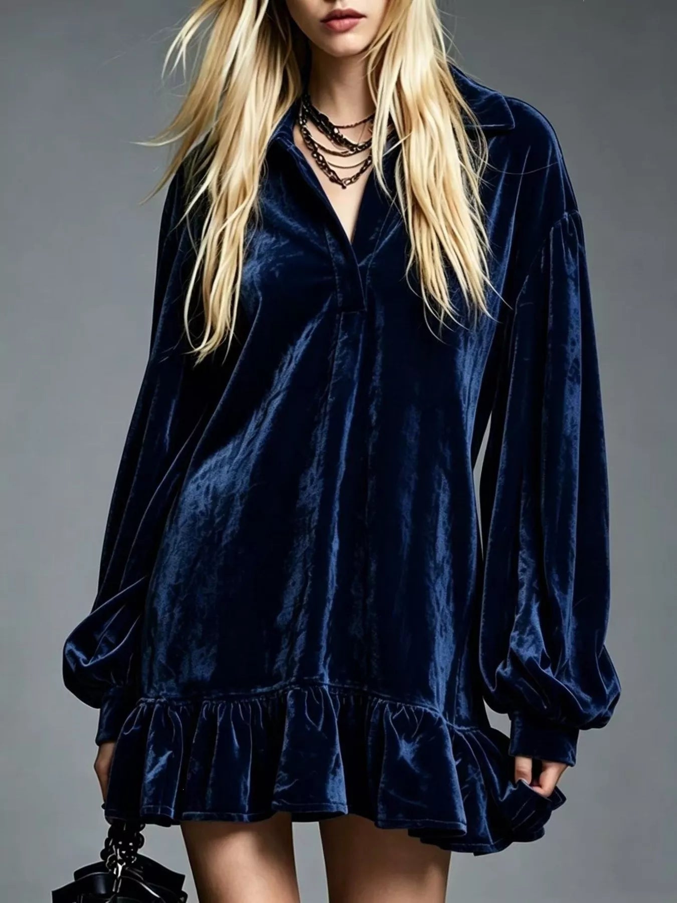 Full Size Velvet Ruffled Hem Long Sleeve Dress Plus Size