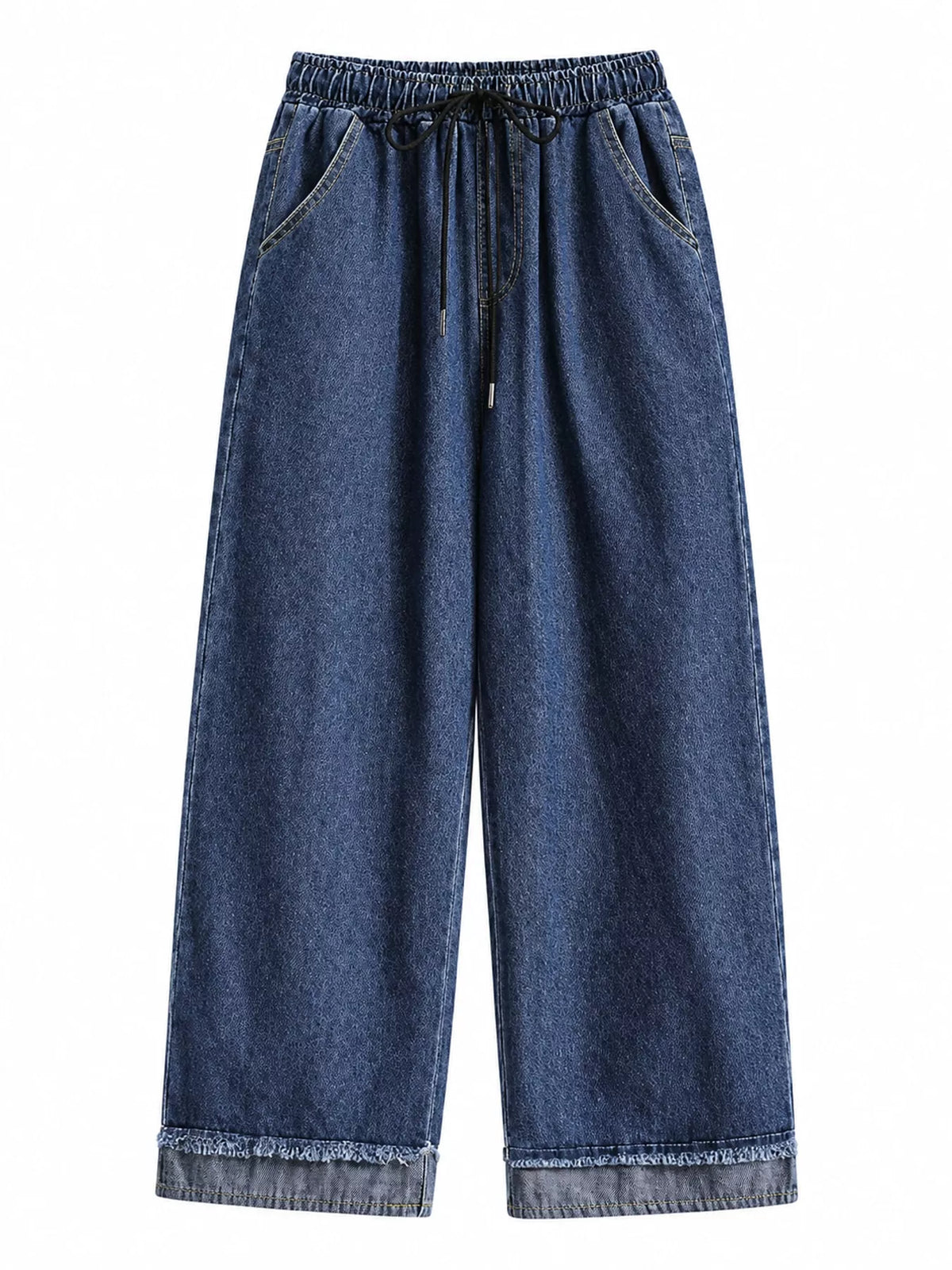 Full Size High-Waisted Elastic Drawstring Wide-Leg Jeans with Frayed Hem Plus Size