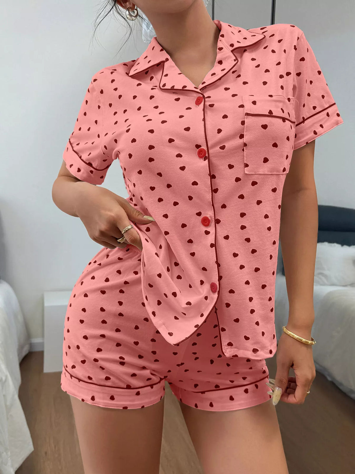 Heart Print Button-Down Short Sleeve Top and Shorts Lounge Set