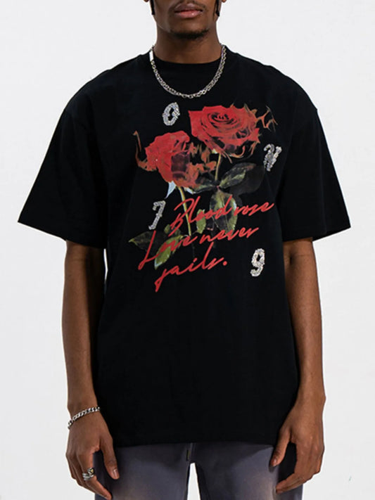 Men's  Rose Graphic T-Shirt with Vintage Script Design