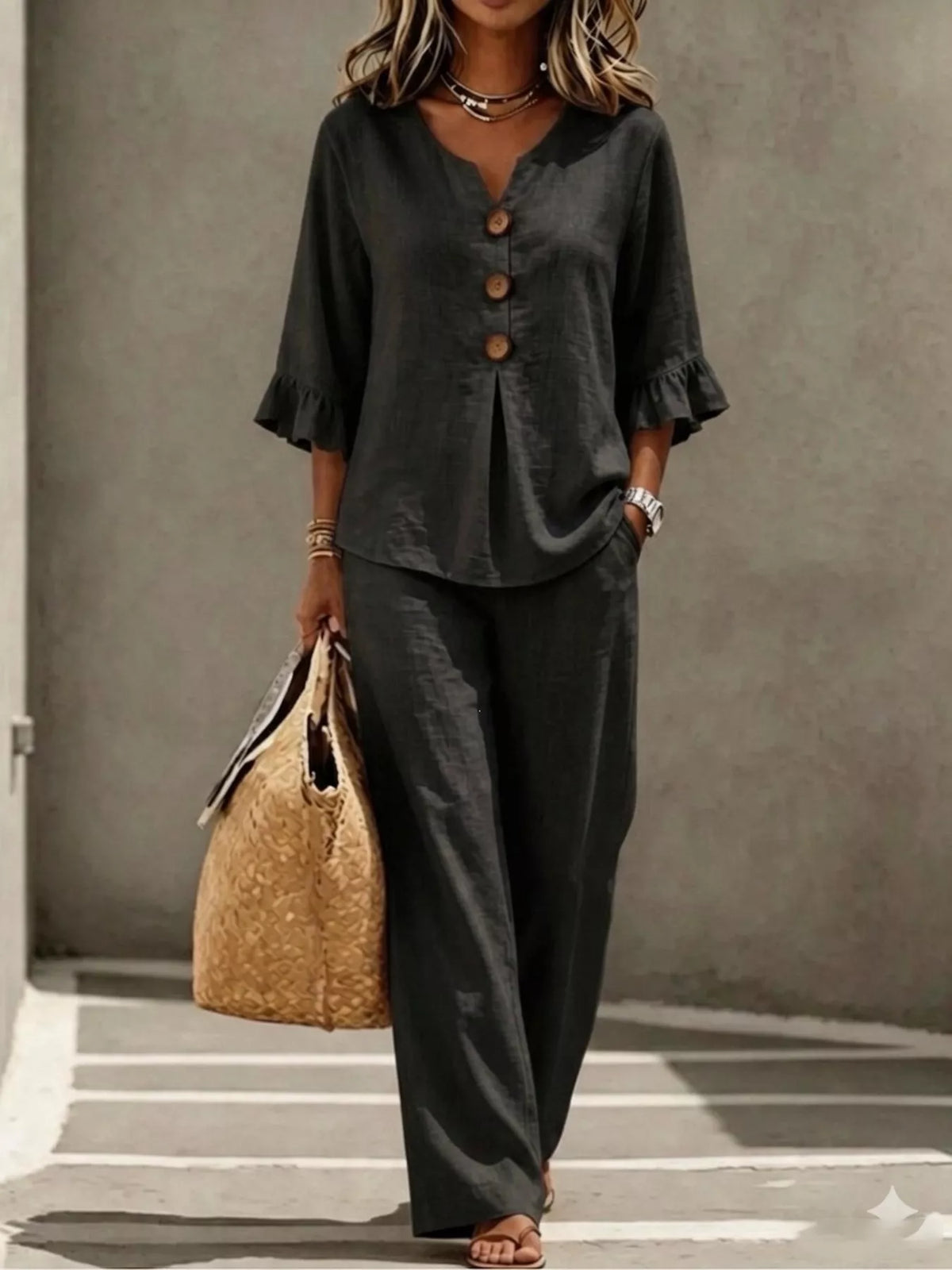 Full Size Decor Button Ruffled Top and Wide-Leg Pants Set Plus Size