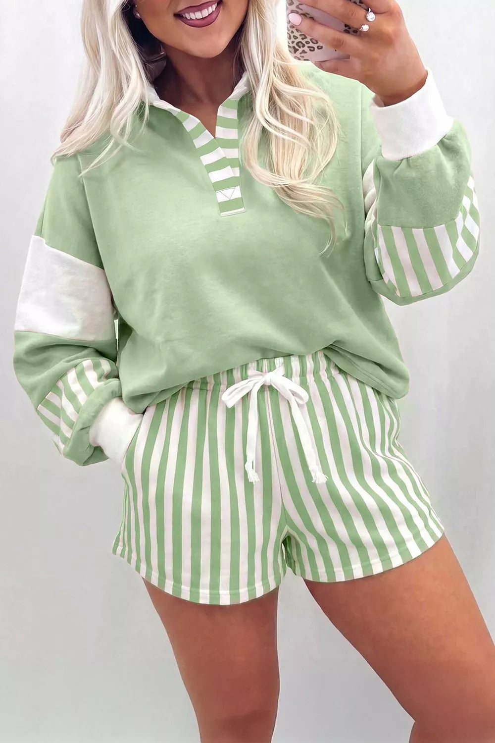 Striped Color Block Pullover Top Drawstring Shorts Set