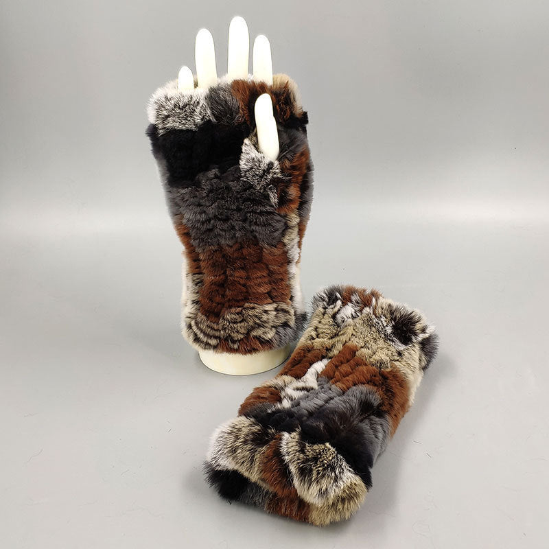 Winter Wristband Mid-Length Gloves - Rex Rabbit Fur Insulation With Striped Half-Finger Design