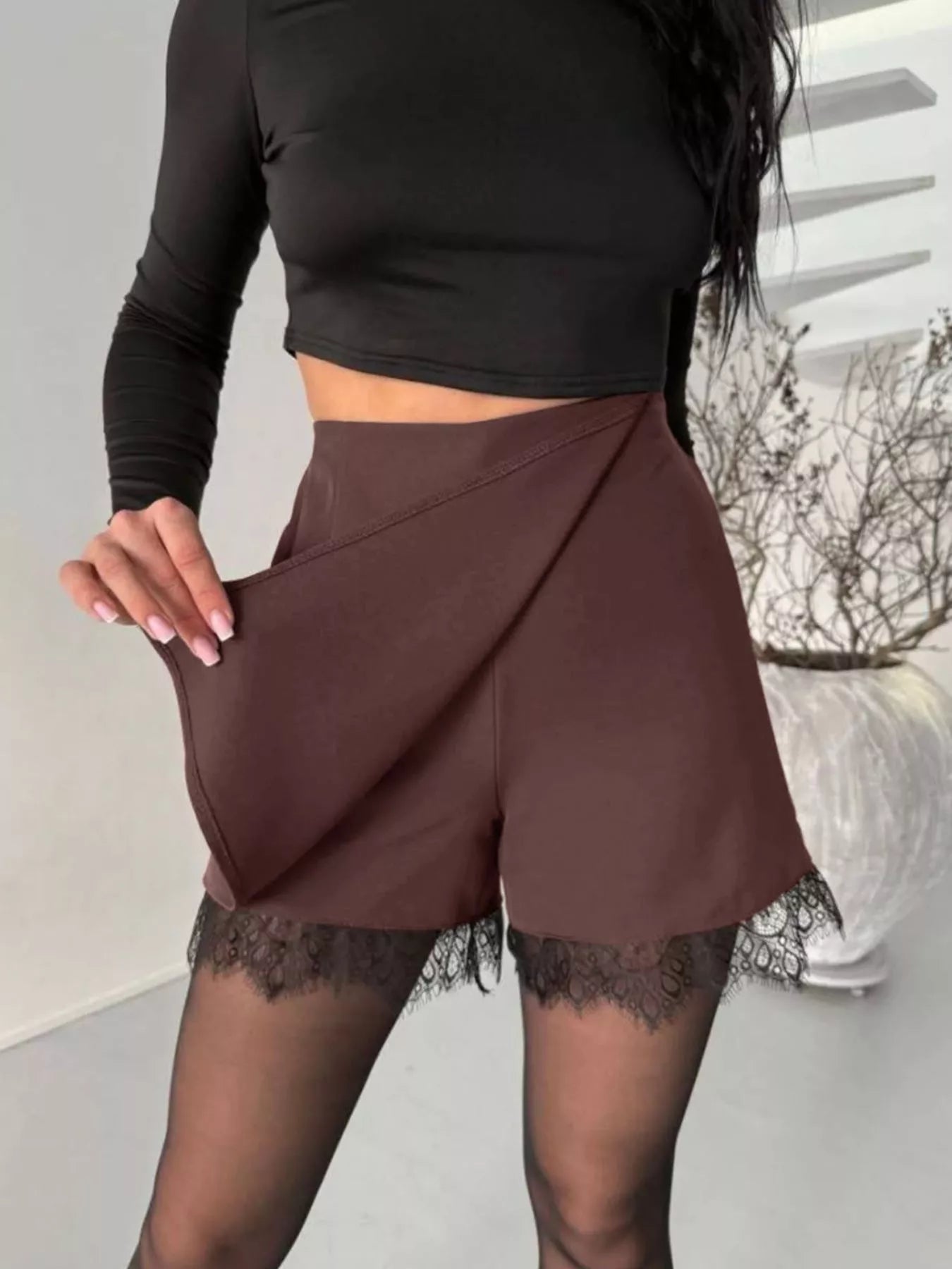 High-Waisted Lace Hem Skort