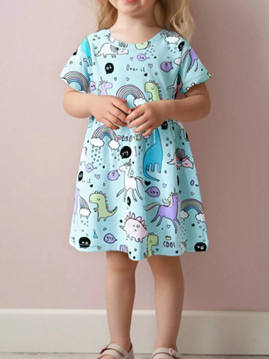 Children's Cute Cartoon Dinosaur & Unicorn Print Casual Dress