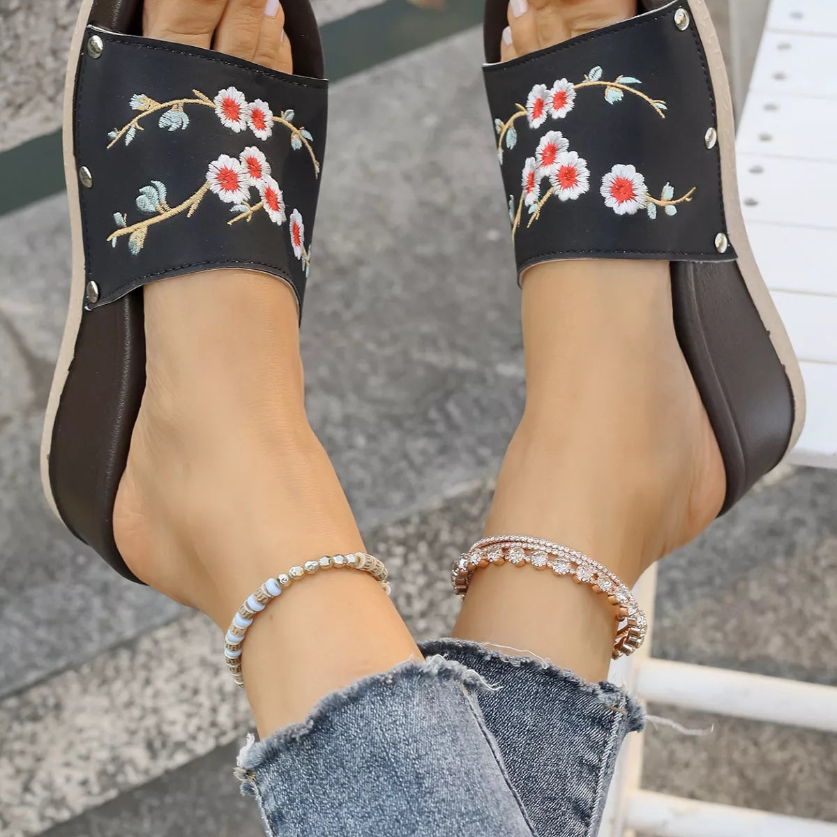 Floral Embroidered Wedge Sandals