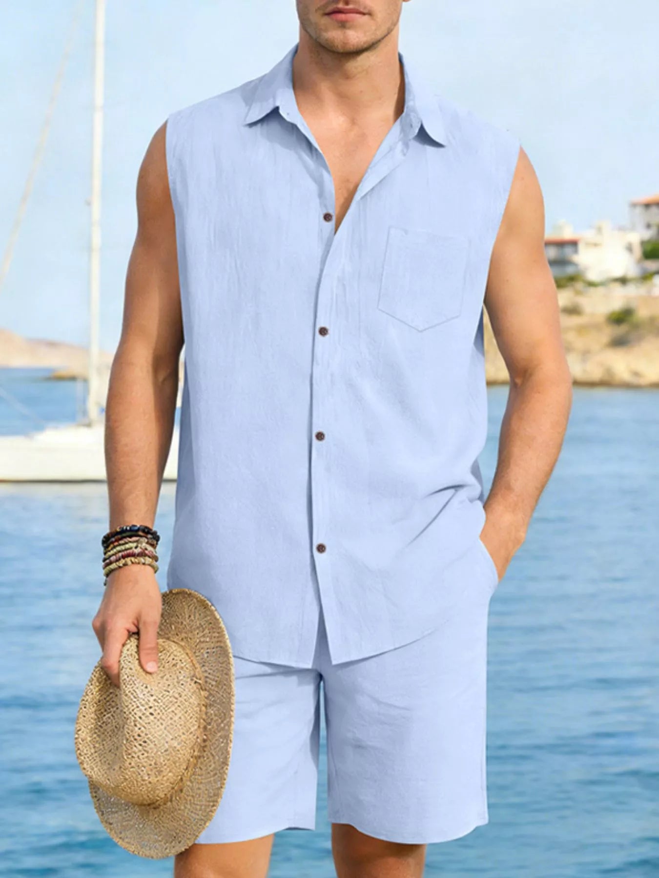 Men's Full Size Button Up Sleeveless Top and Shorts Plus Size