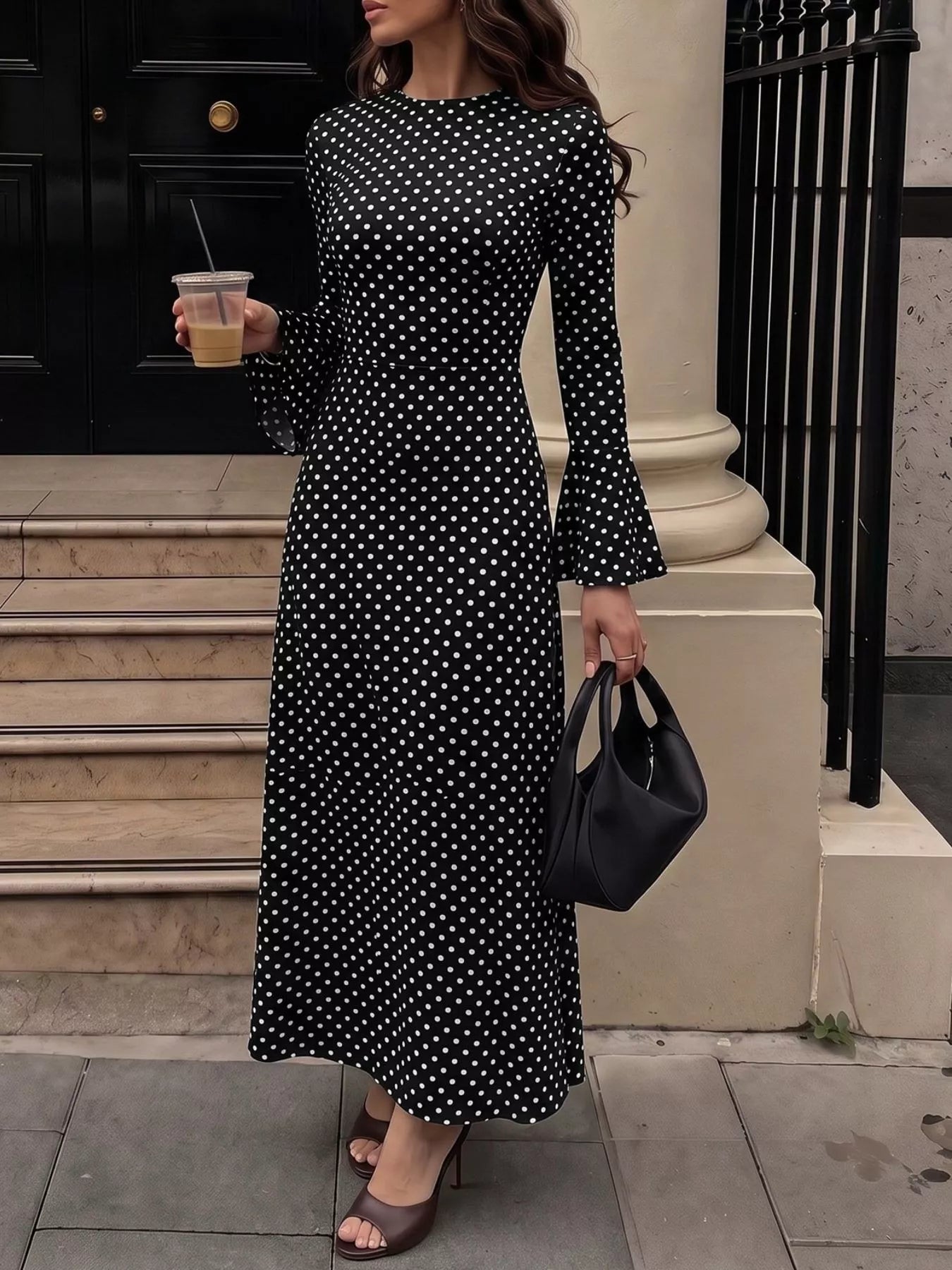 Polka Dot Flare Sleeve Maxi Dress