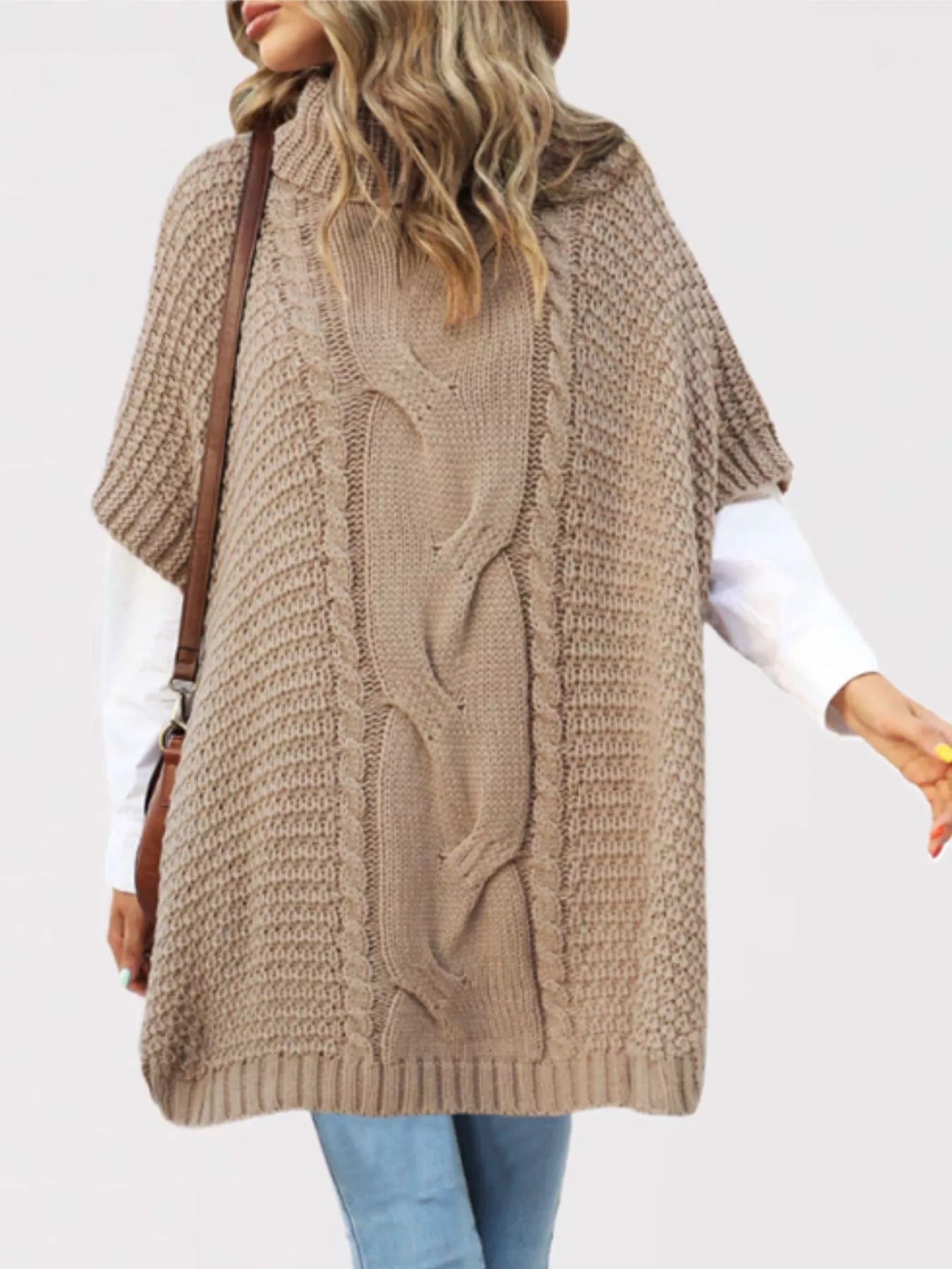 Turtleneck Cable-Knit Short Sleeve Oversized Sweater