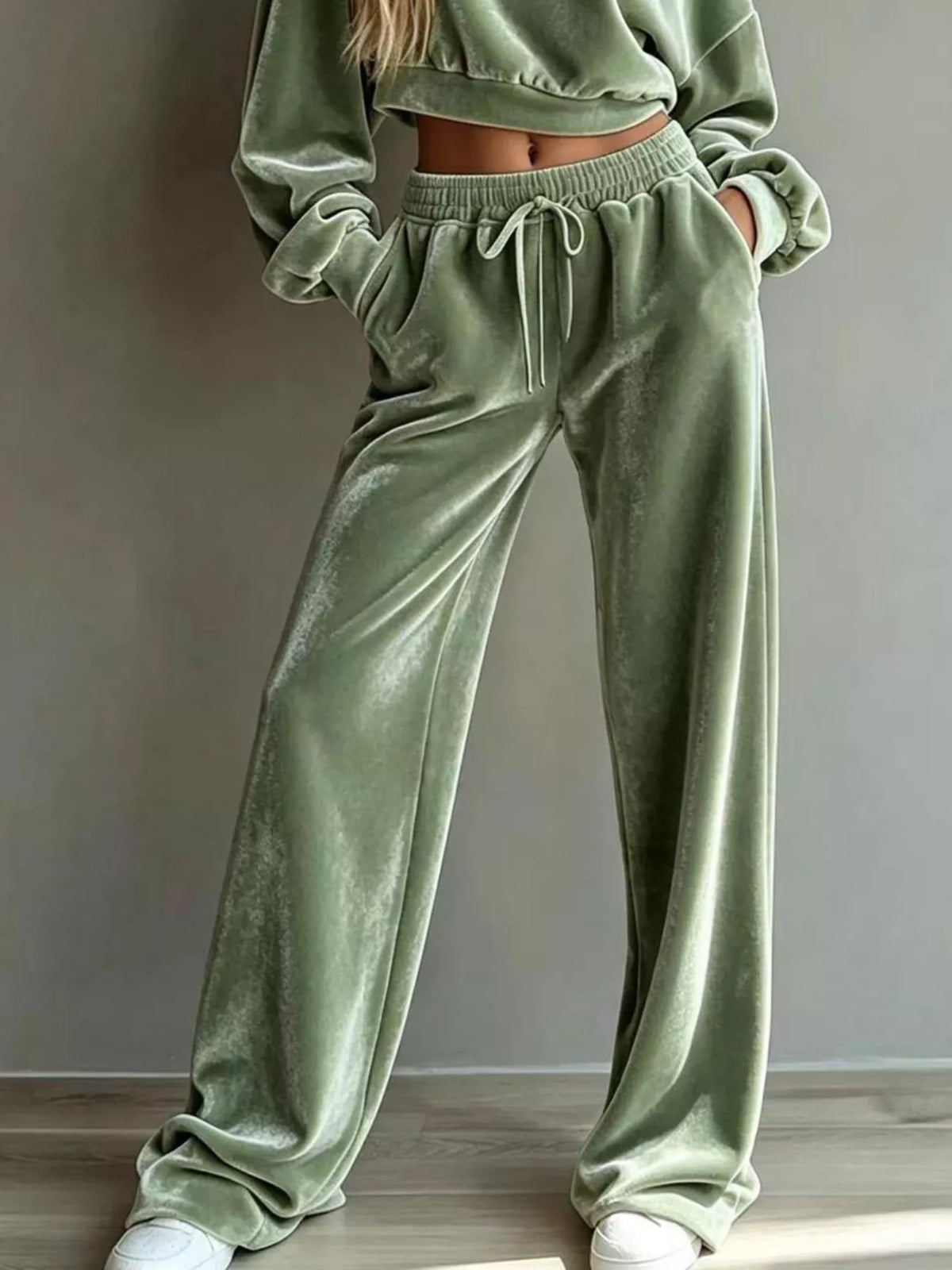 Full Size Cropped Sweatshirt and Wide-Leg Pants Set Plus Size