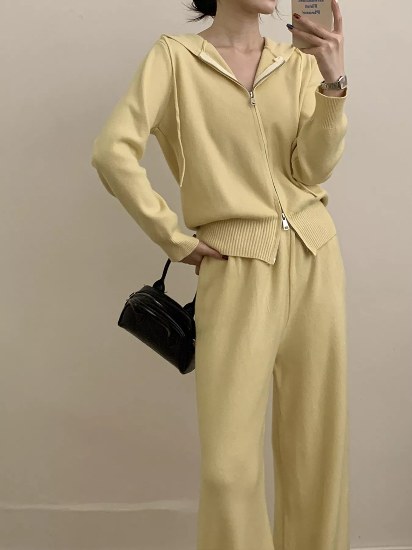 Zip Up Cardigan and Drawstring Wide Leg Pants Knit Set