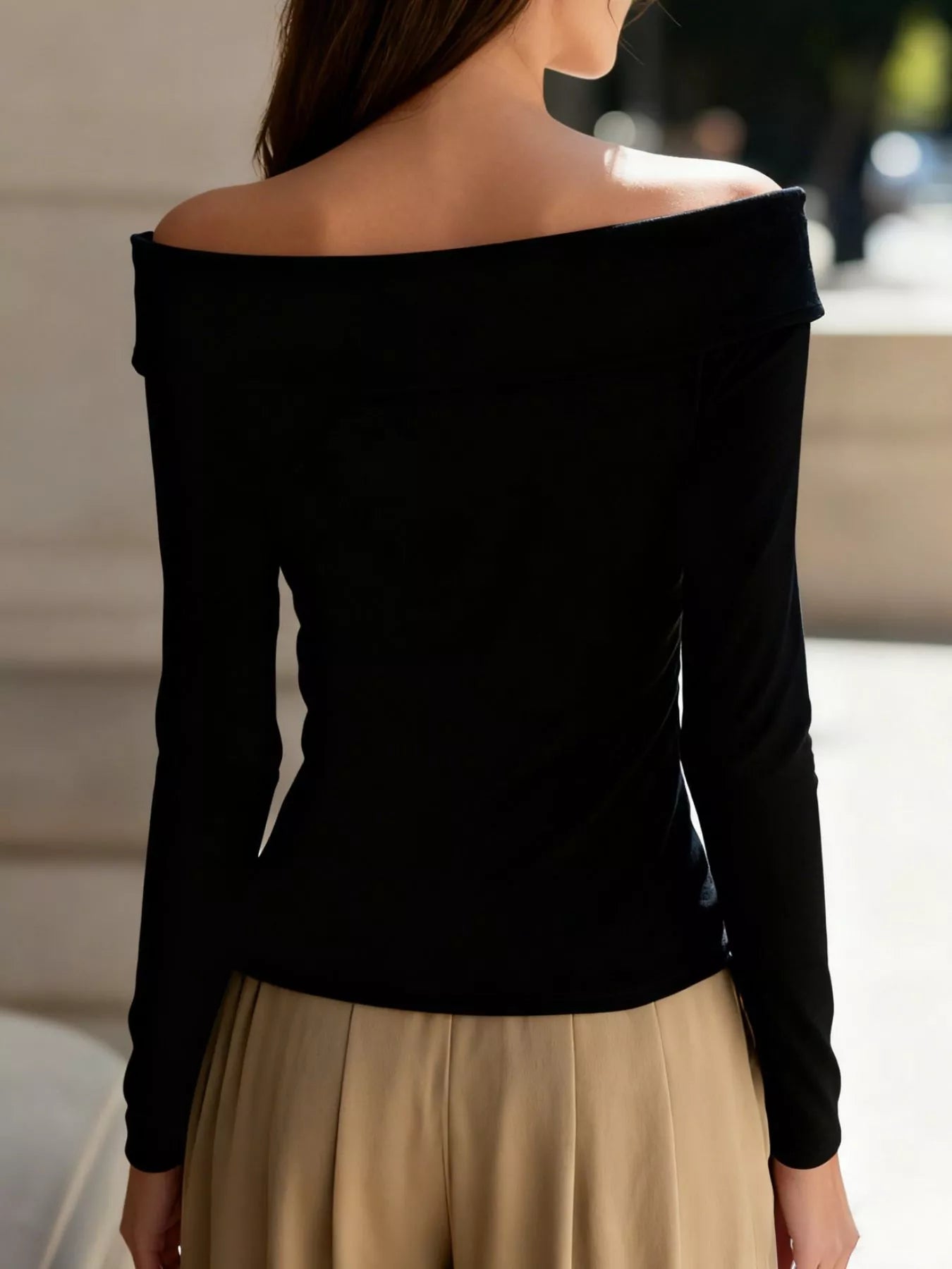 Elegant Off-the-Shoulder Blouse with Decorative Buttons