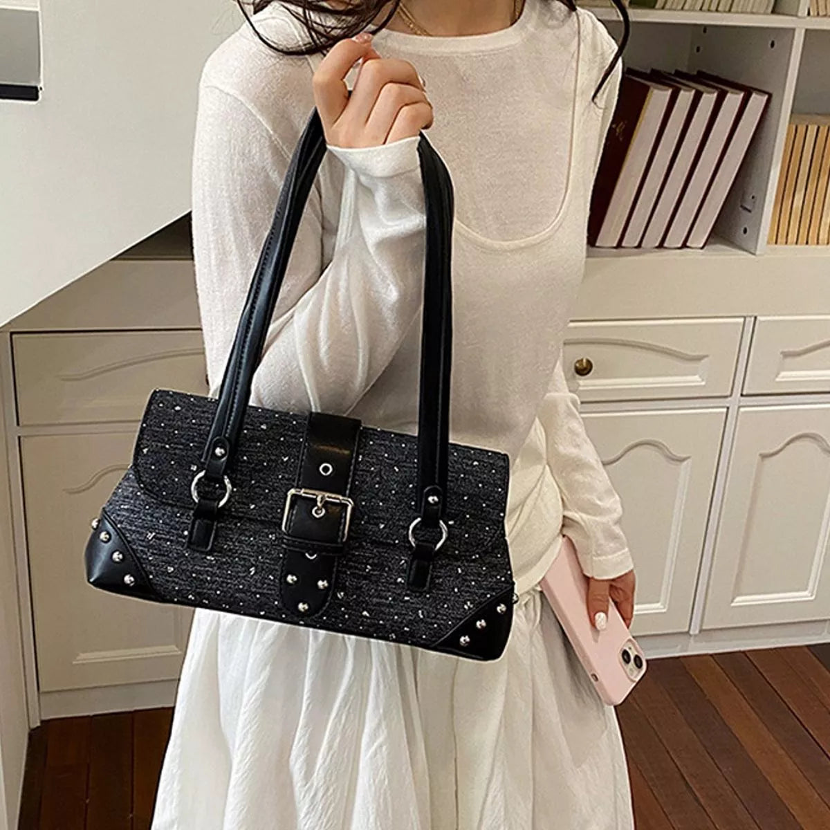 Studded Shoulder Bag with Buckle Detail