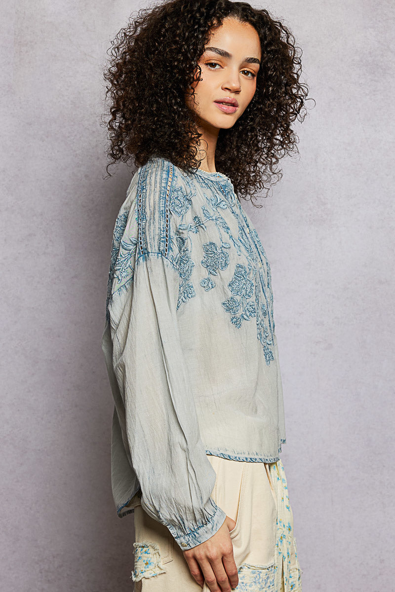 POL Floral Embroidered Button Down Long Sleeve Shirt