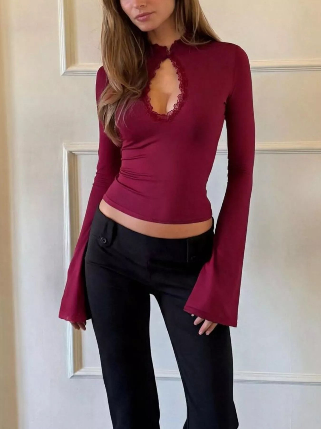 Lace-Trimmed Keyhole Long Sleeve T-Shirt