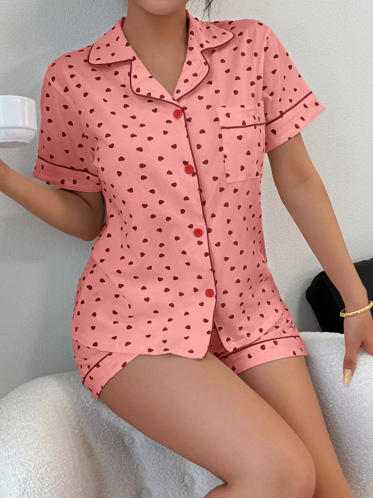 Heart Print Button-Down Short Sleeve Top and Shorts Lounge Set