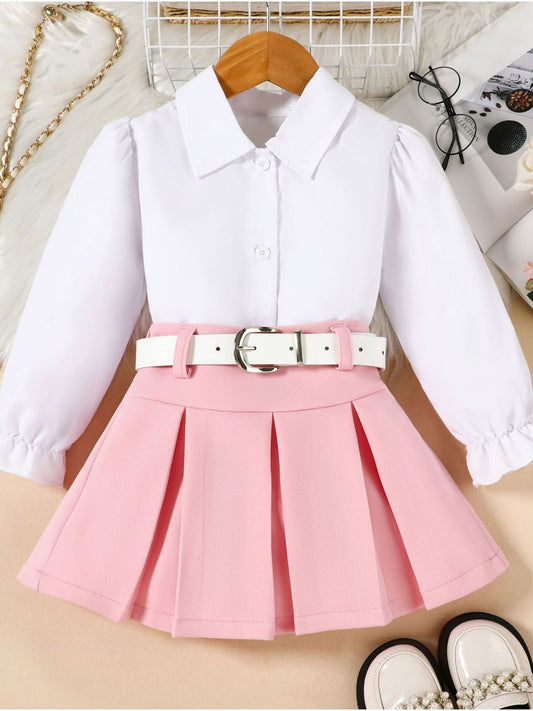 Children's Long Sleeve Shirt & Pleated Skirt Set with Belt