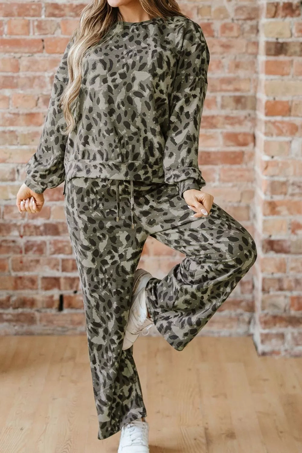 Leopard Print Long Sleeve Top and Pants Set