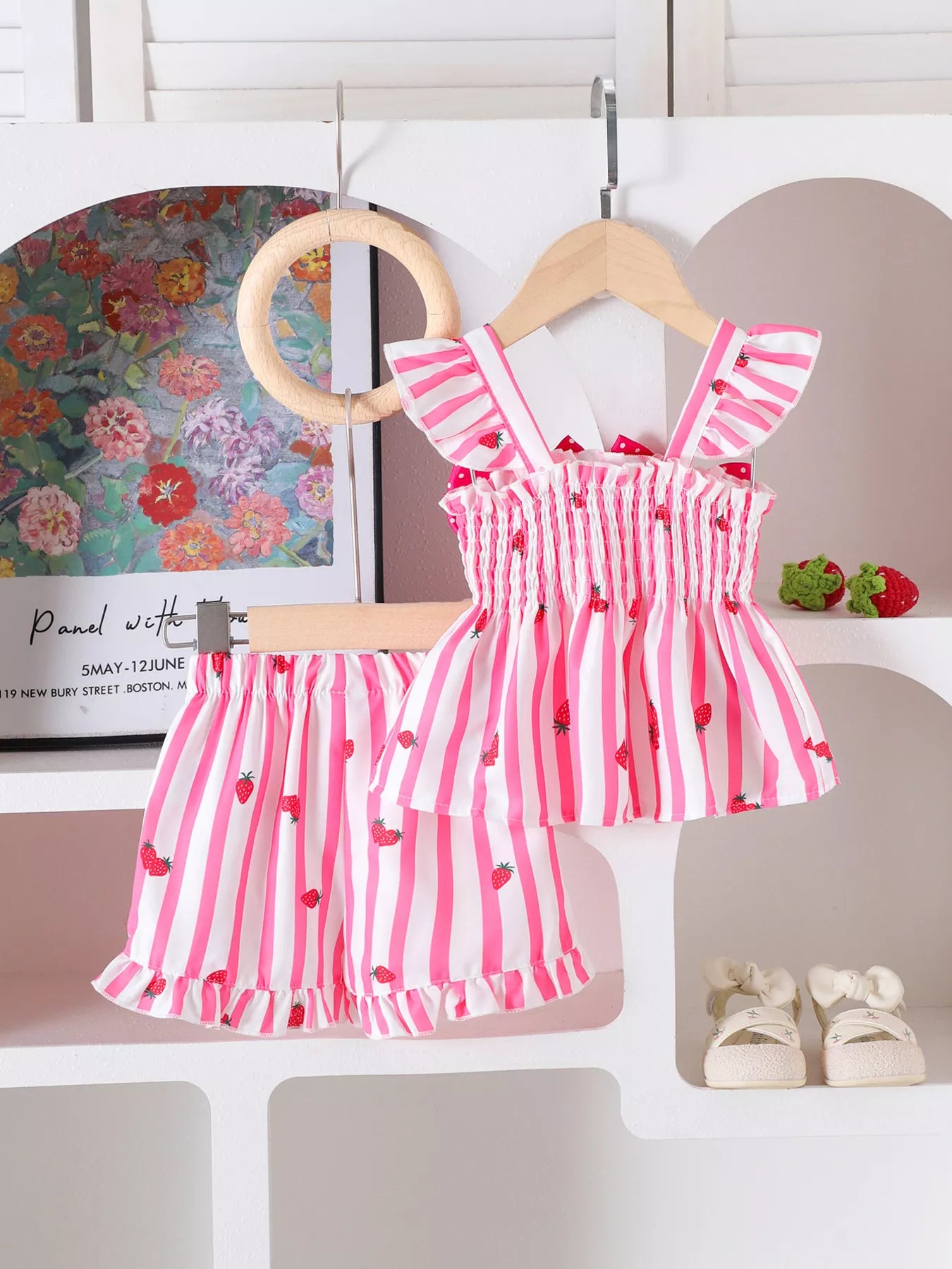 Children's Bow Ruffled Striped Top and Shorts Set