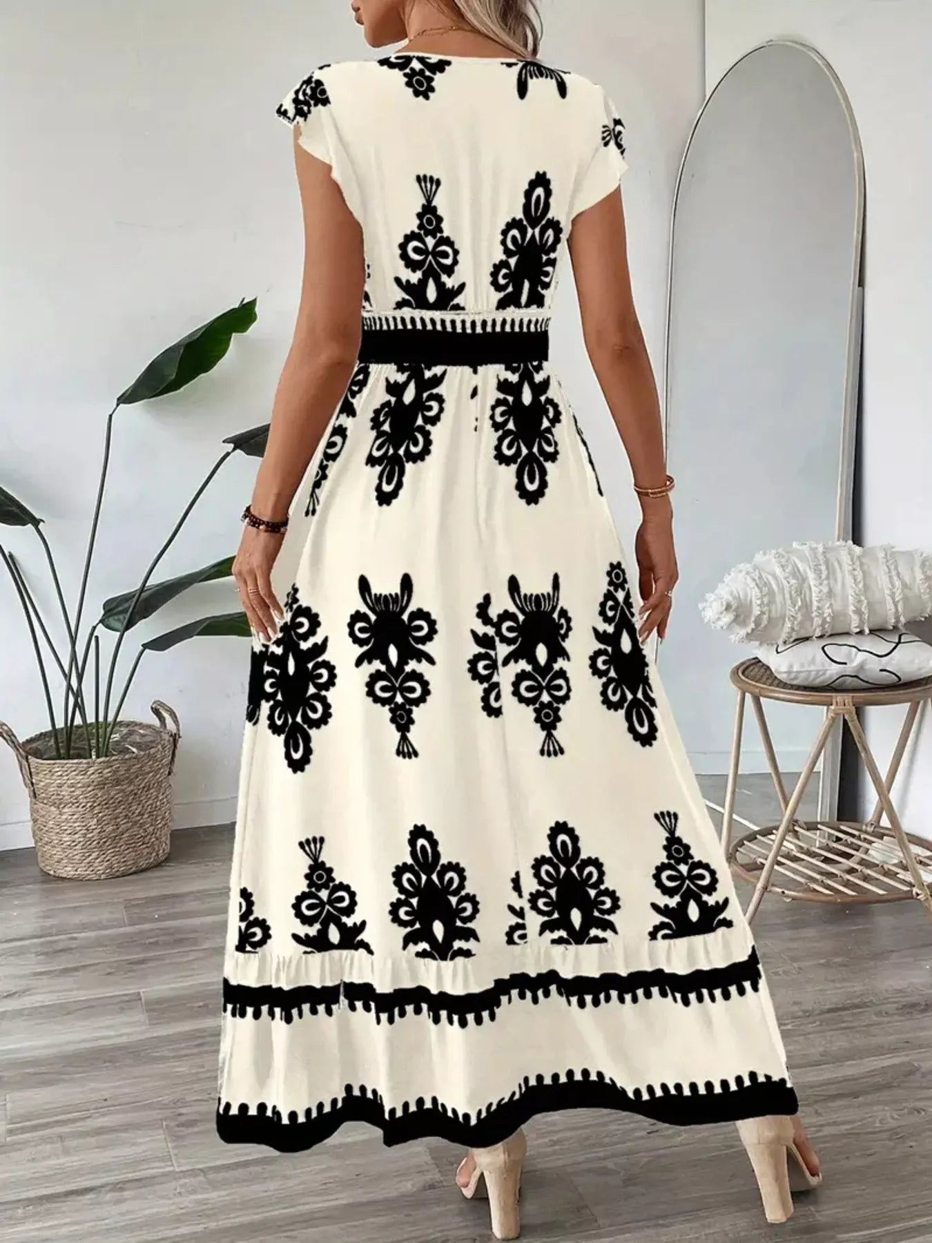 Ruffled Printed V-Neck Maxi Dress
