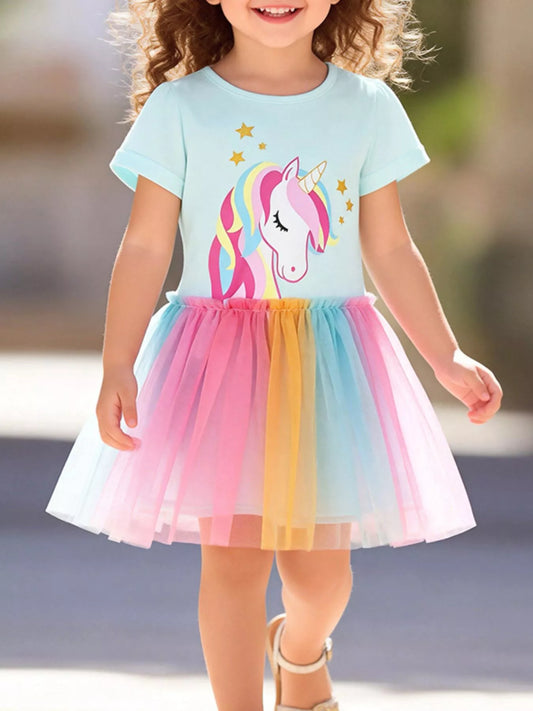 Children's Unicorn Graphic Rainbow Tulle Dress