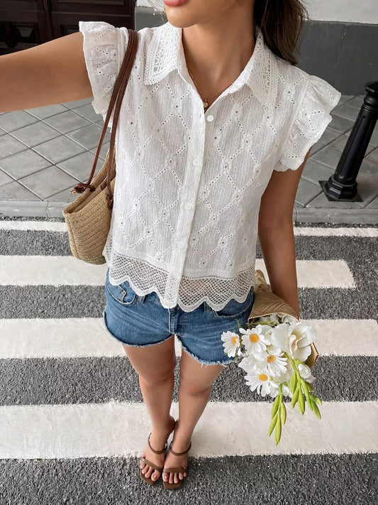 Lace Detail Ruffle Sleeve Button Up Shirt