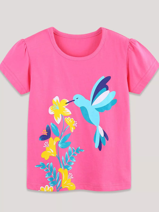 Children's Hummingbird & Floral Print Short Sleeve T-Shirt
