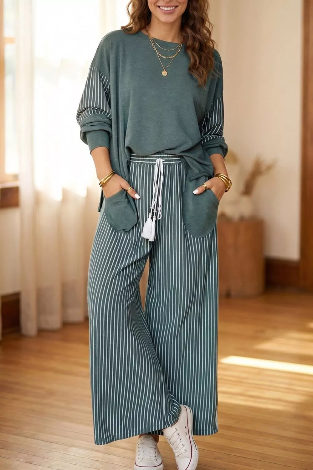 Raw Seam Patchwork Long Sleeve Top Pocket Casual Pants 2pcs Set