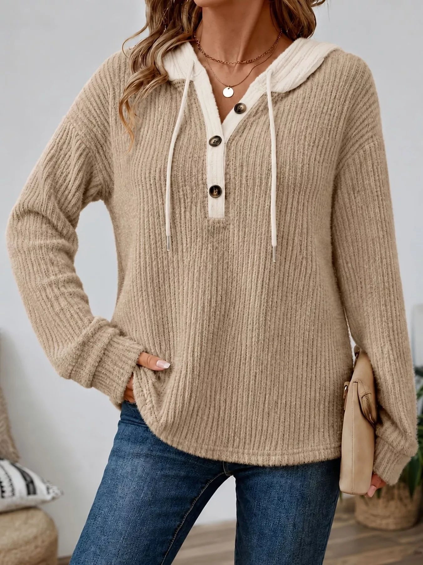 Full Size Drawstring Button Detail Hooded Sweater Plus Size