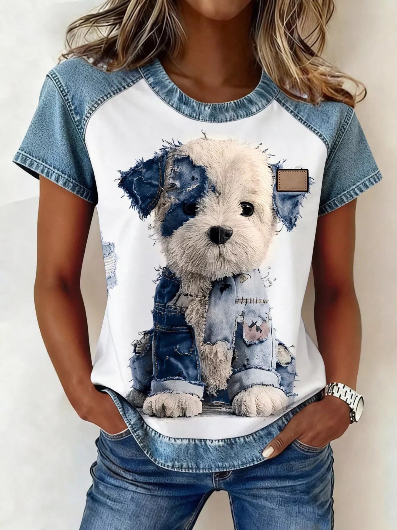 Denim Patchwork Short Sleeve Blouse