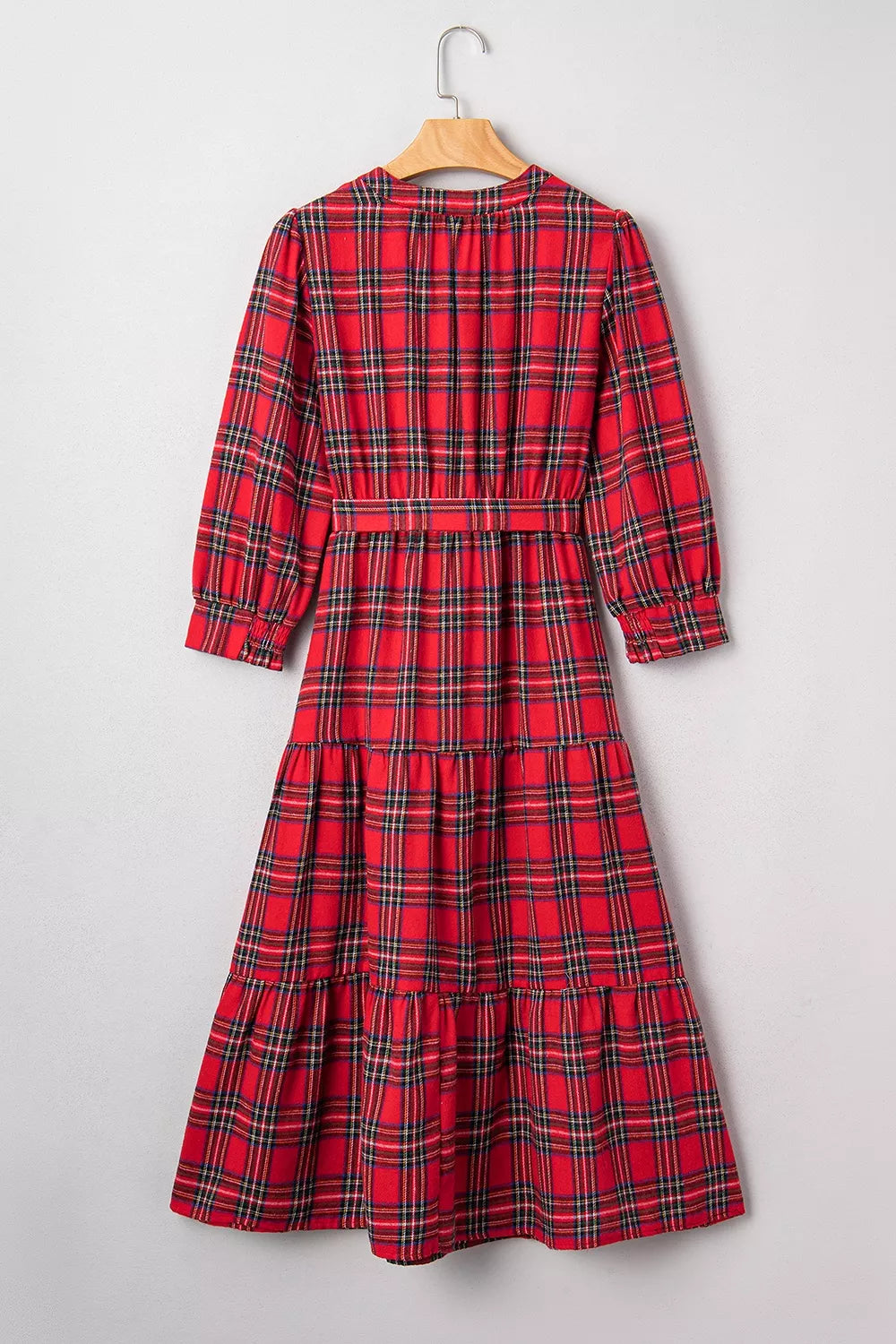 Christmas Plaid V Neck 3/4 Sleeve Tie Waist Ruffle Hem Midi Dress