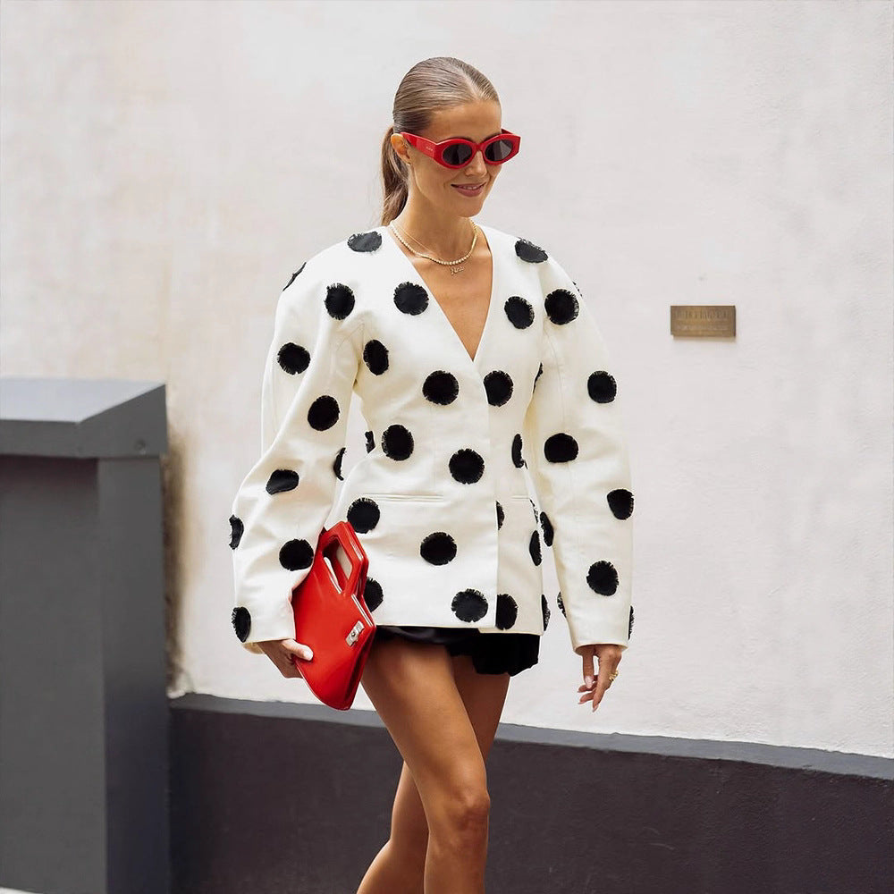 Brown With Polkadot Patch V-neck Waist-tight Suit Jacket