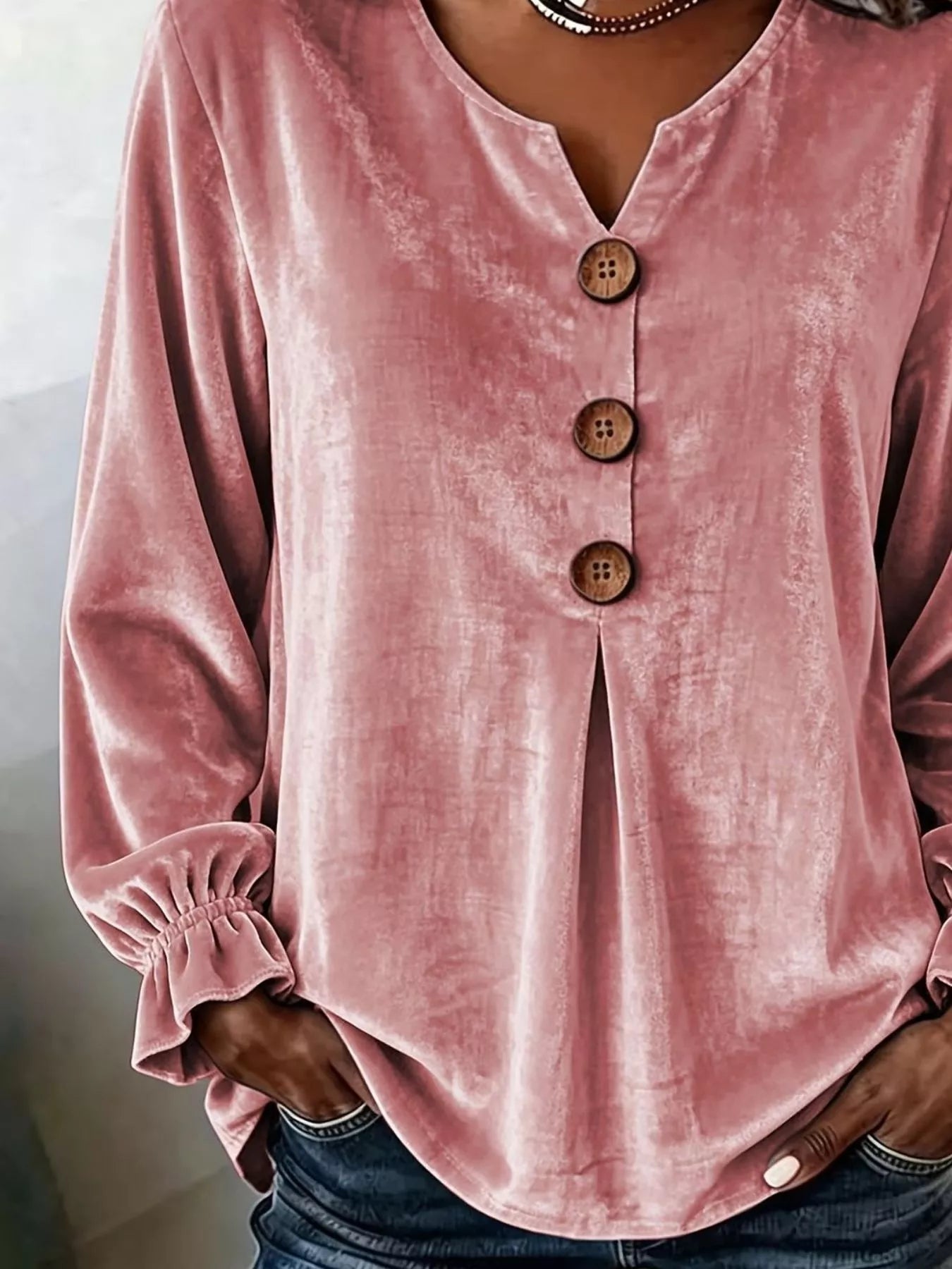 Full Size Velvet Button Decor Blouse with Ruffled Cuffs Plus Size