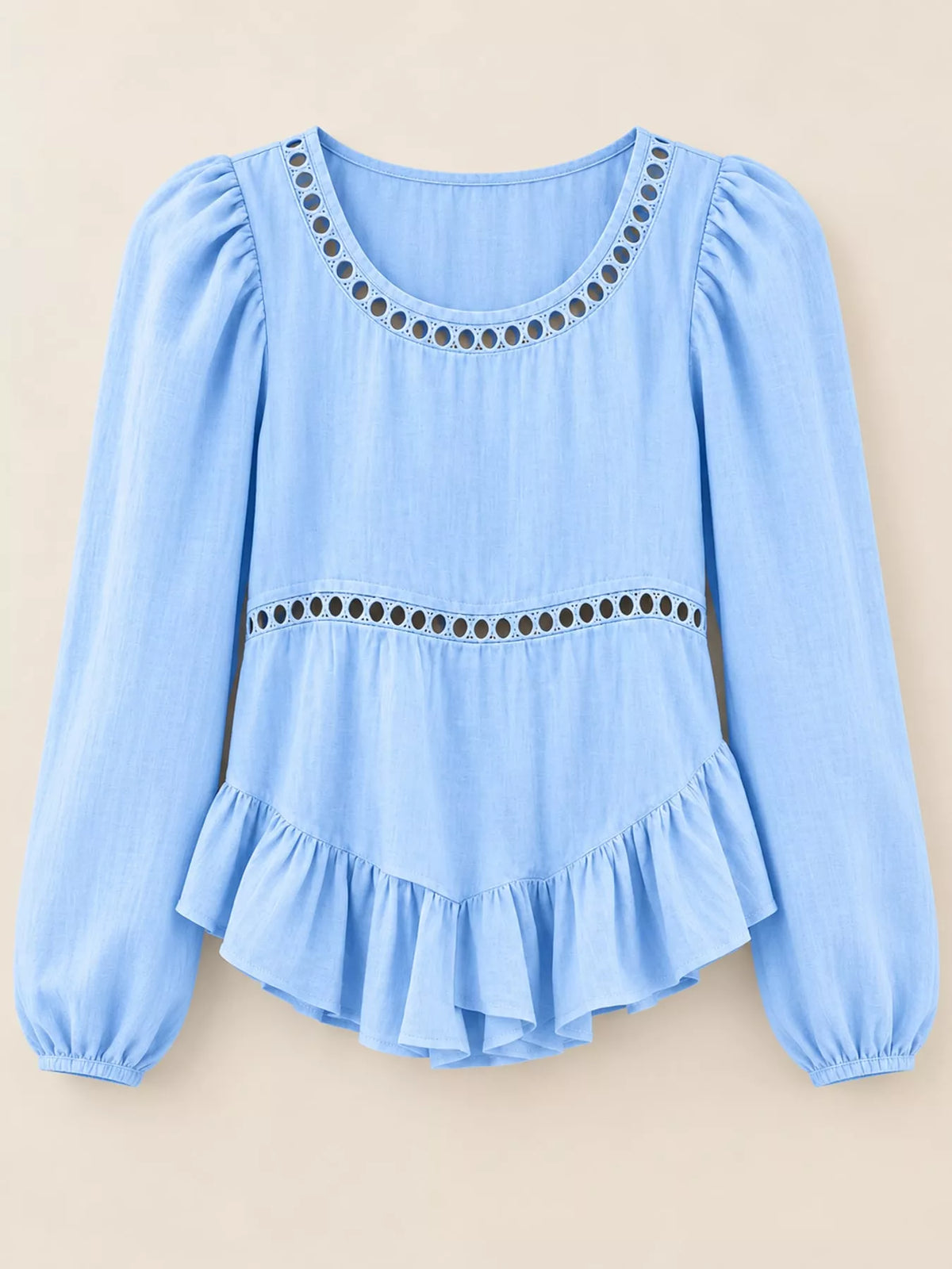 Long Sleeve Blouse with Eyelet Lace Trim and Ruffled Hem