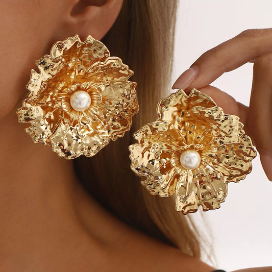 Gold Textured Flower Pearl Center Statement Earrings
