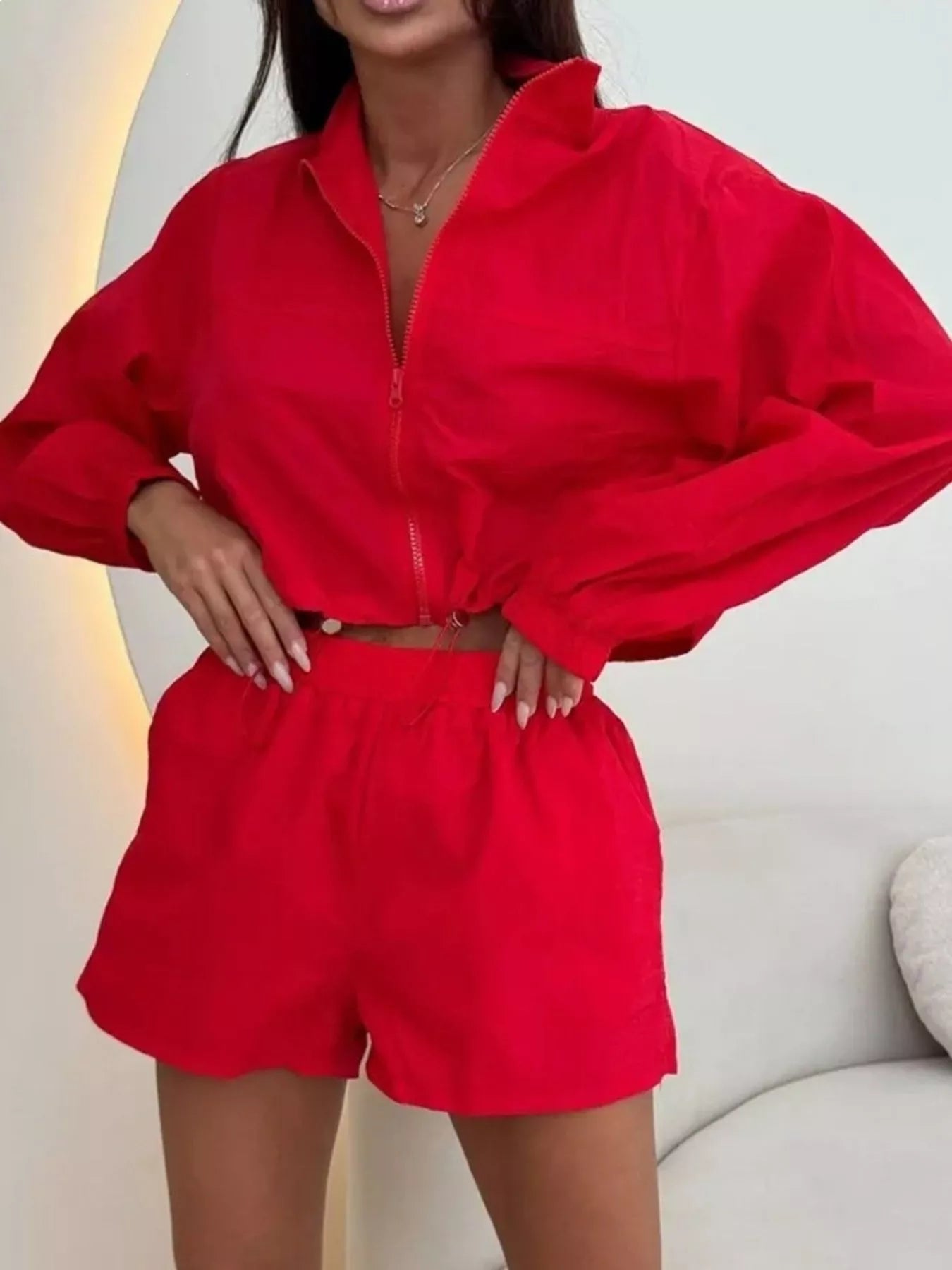 Zip Up Long Sleeve Outerwear and Shorts Set