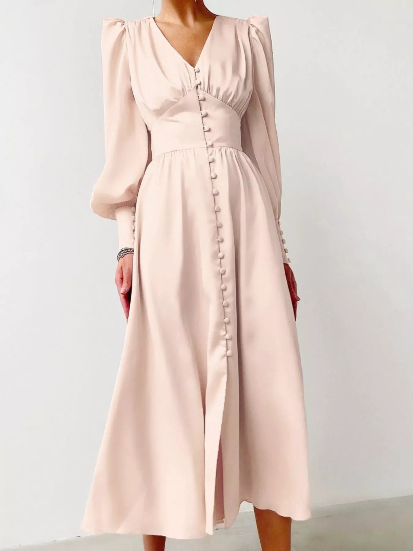 V-Neck Lantern Sleeve Midi Dress