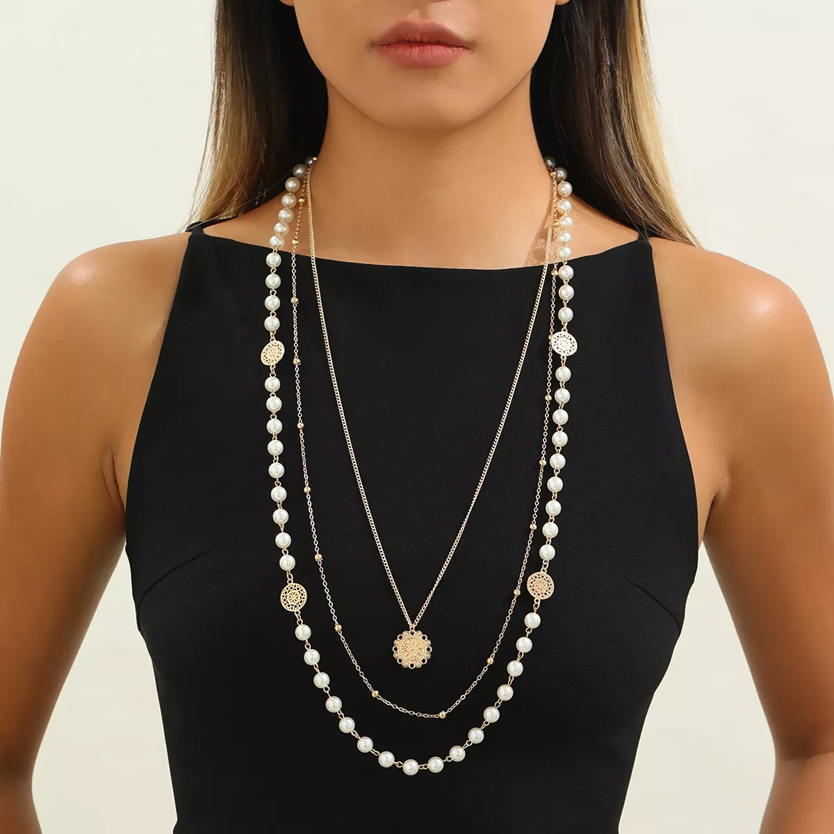 Multi-Layered Pearl and Coin Pendant Necklace