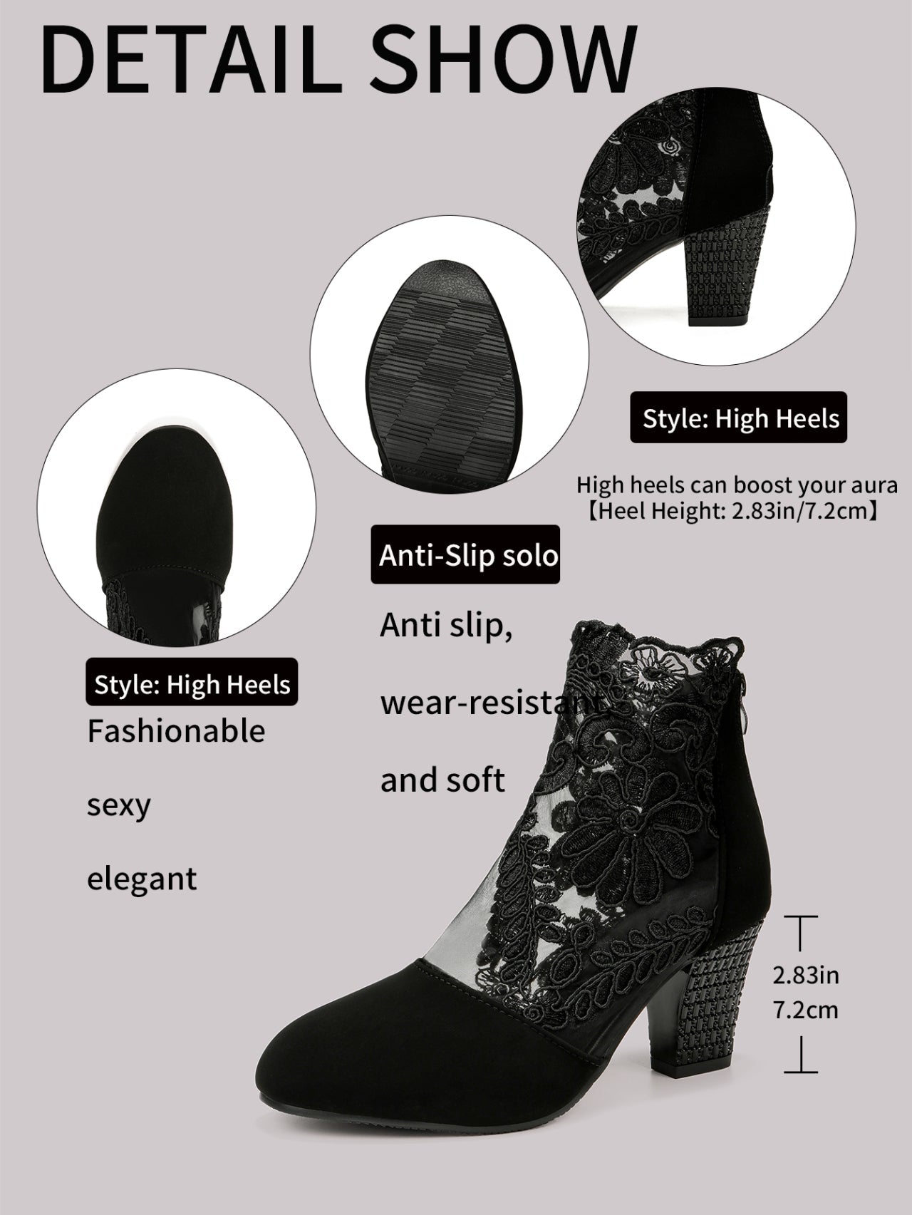 Lace-Embroidered Mesh Chunky-Heel Ankle Boots | Black & White EU 35–43