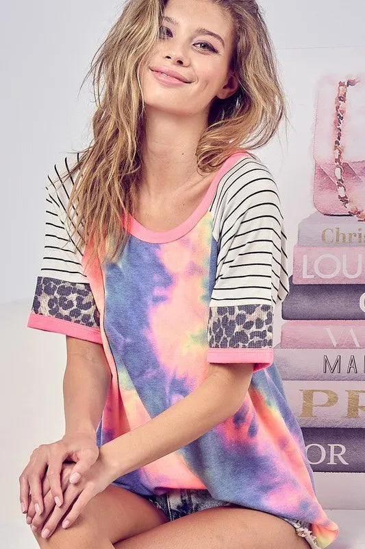 BiBi Tie Dye French Terry Top With Stripe Raglan