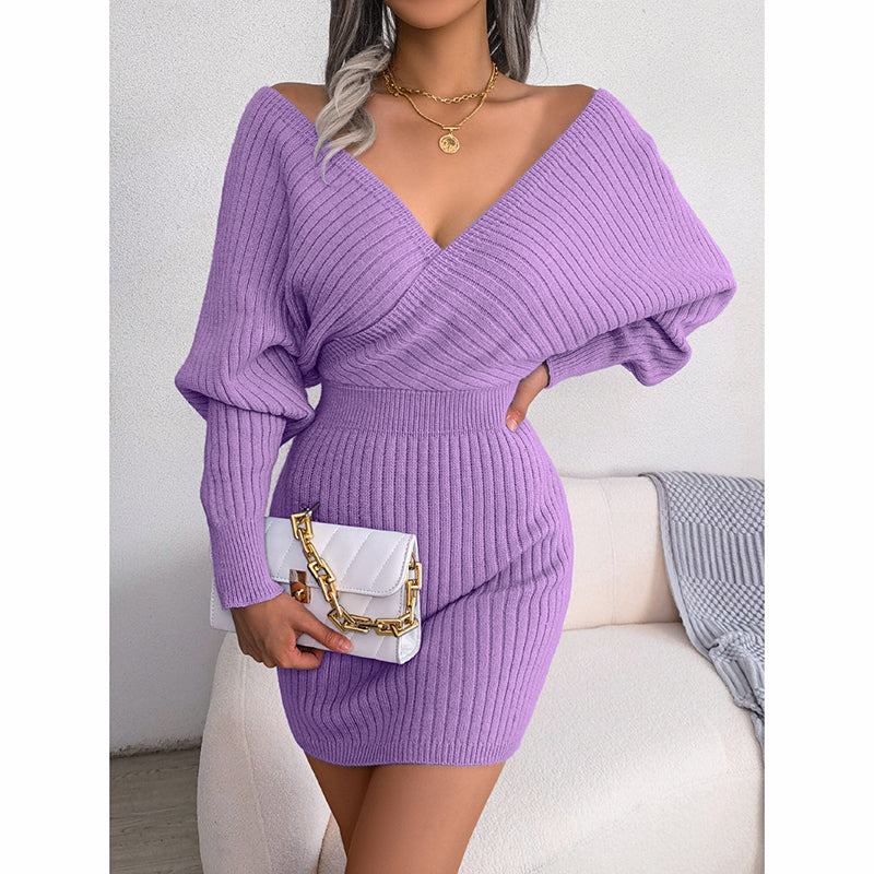 Women's Batwing Sleeve Sweater Dress - Sexy Off The Shoulder V-Neck Mini Dress, Solid Color (See size chart where applicable)