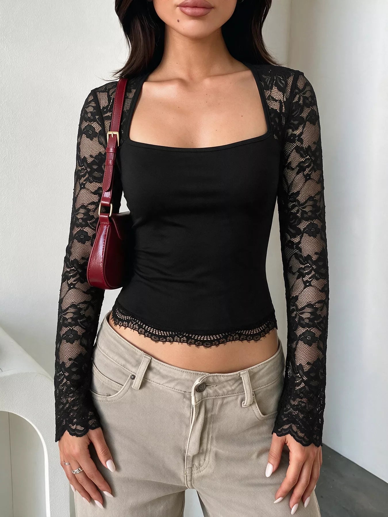 Lace Sleeve Square Neck Top