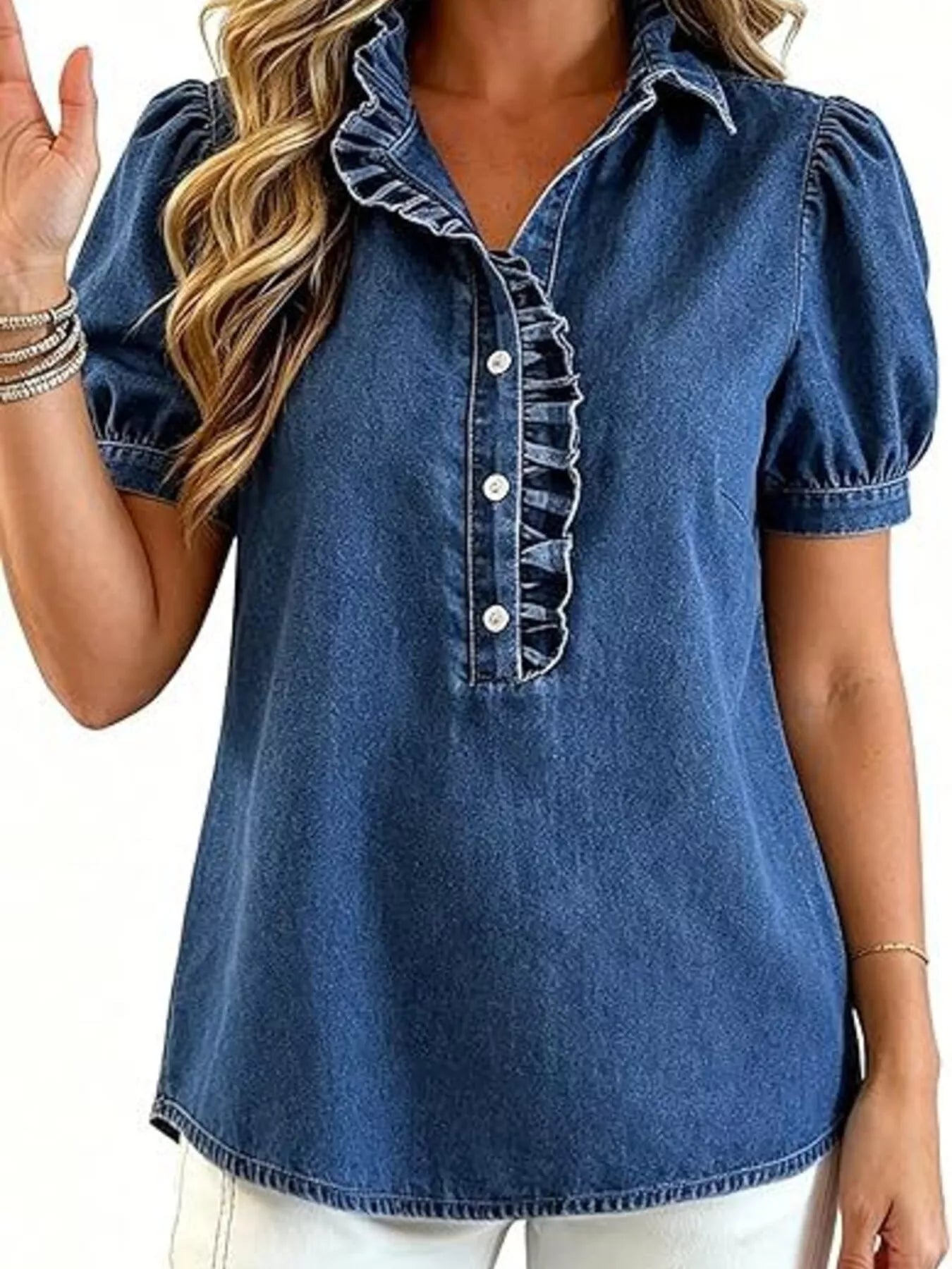 Frill Puff Sleeve Denim Top