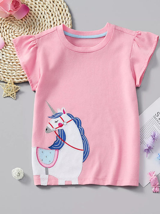 Children's Unicorn Embroidered Ruffle Sleeve T-Shirt